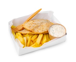 Photo of Delicious fish and chips with tasty sauce in paper box isolated on white