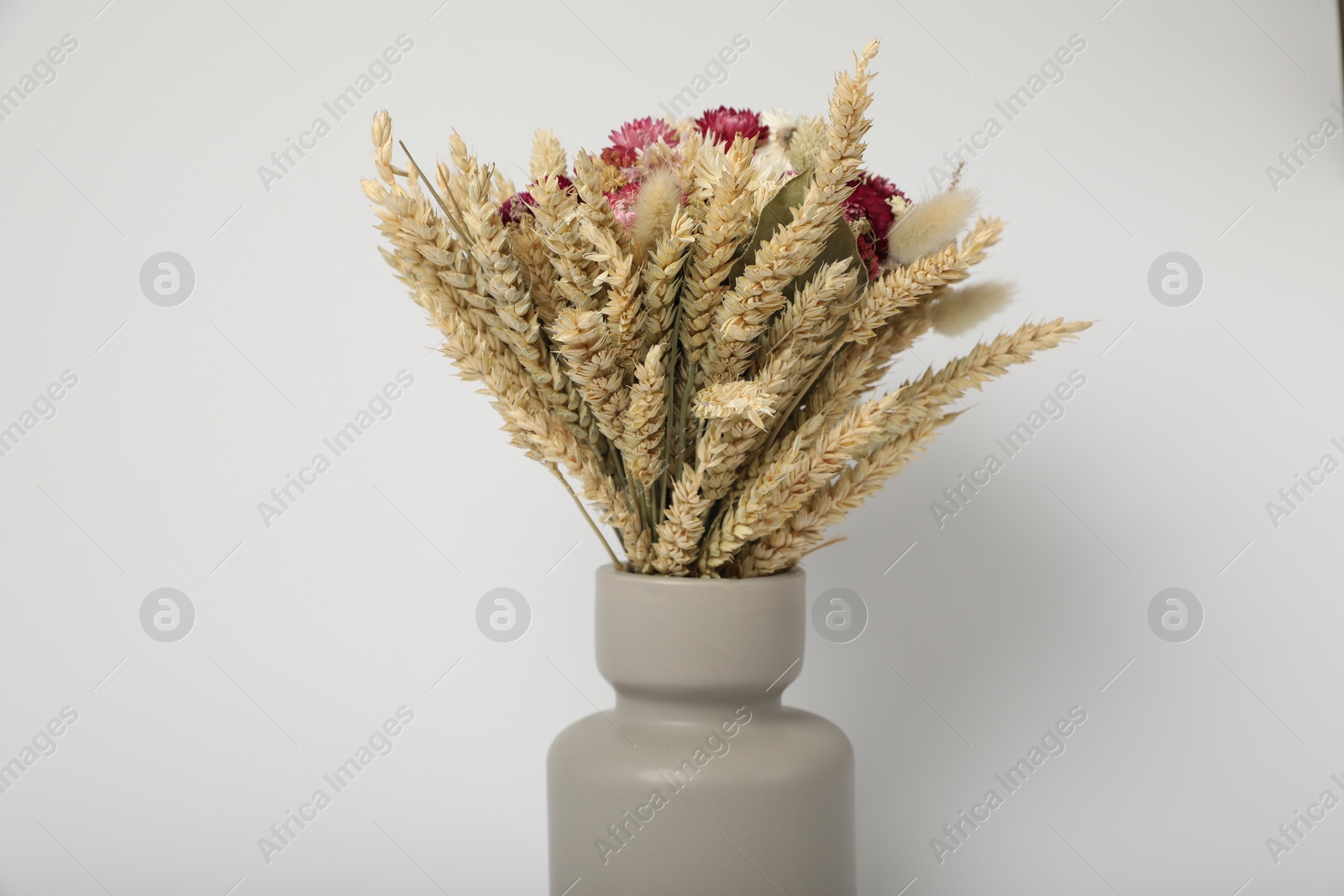 Photo of Beautiful bouquet of dry flowers in ceramic vase on white background