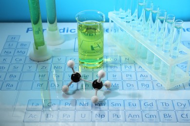 Molecular model and laboratory glassware on periodic table