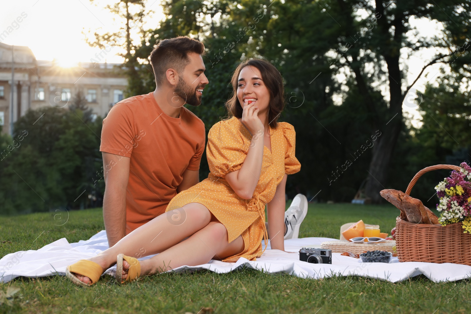 Photo of Lovely couple having picnic in park on sunny day