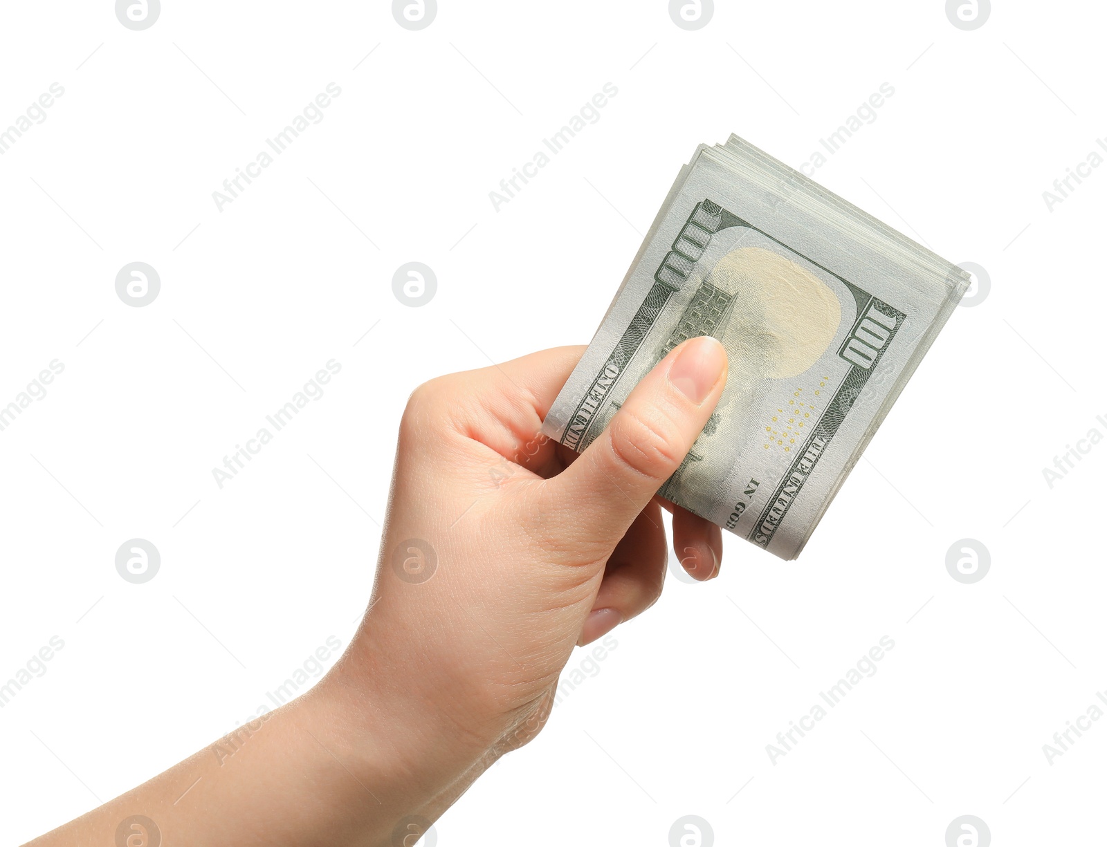 Photo of Money exchange. Woman holding dollar banknotes on white background, closeup