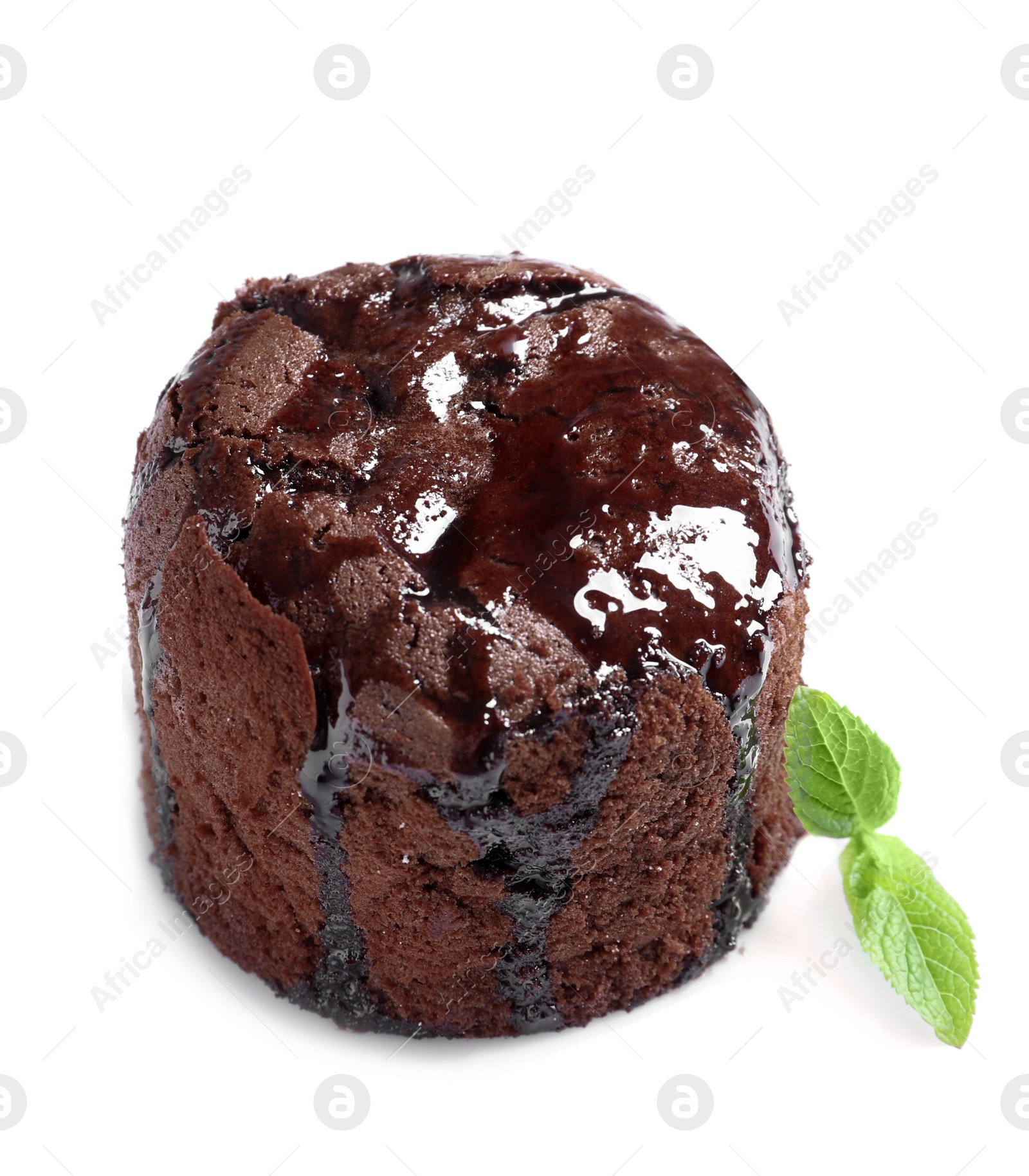 Photo of Delicious fresh fondant with hot chocolate on white background. Lava cake recipe