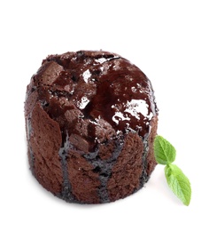 Delicious fresh fondant with hot chocolate on white background. Lava cake recipe