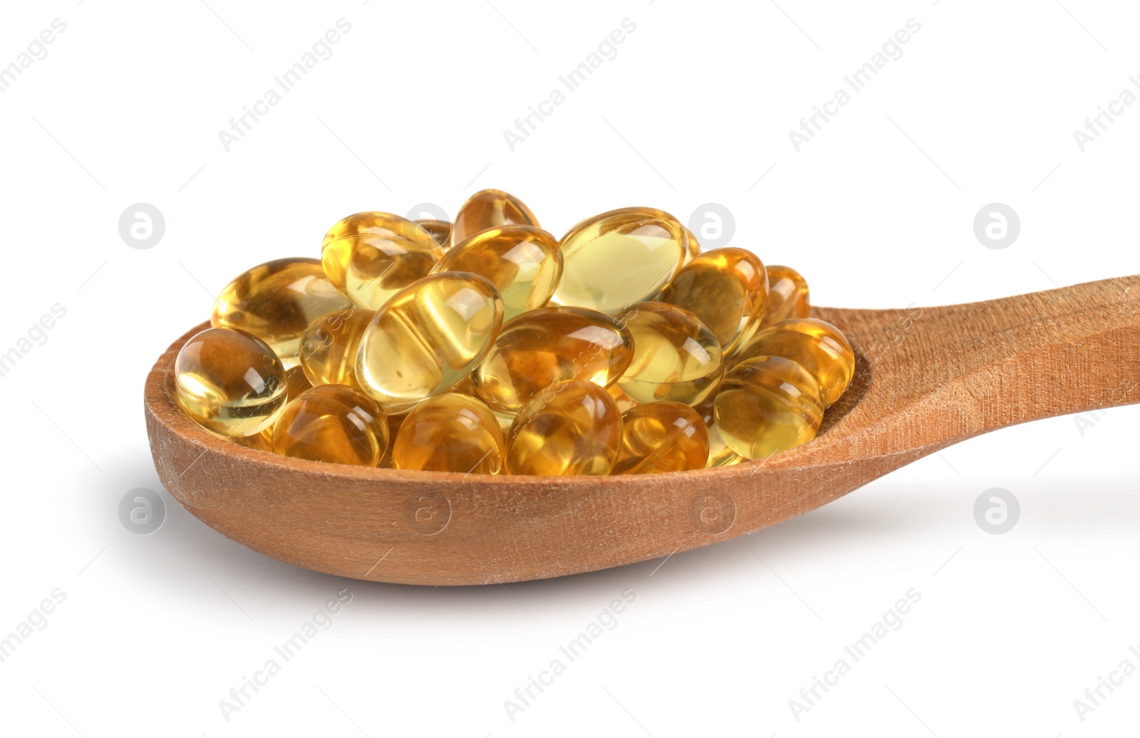 Photo of Spoon with cod liver oil pills on white background