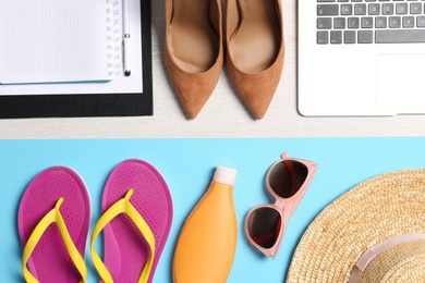 Photo of Flat lay composition with business items and beach accessories on color background. Concept of balance between work and life