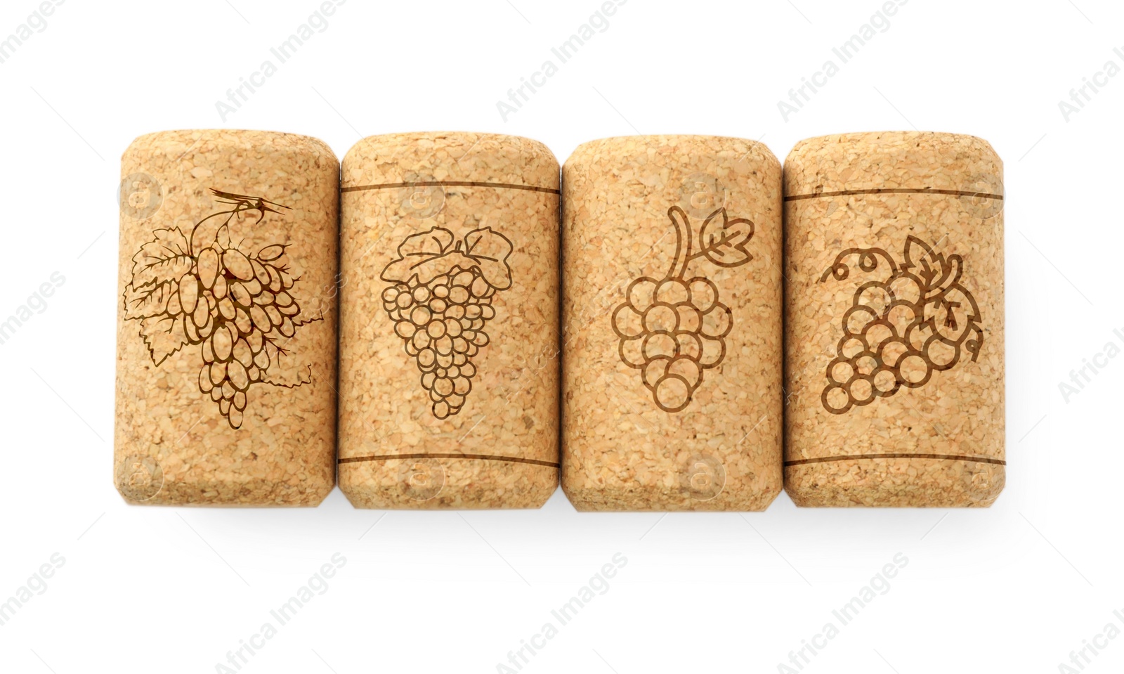 Image of Wine corks with grape images on white background, top view