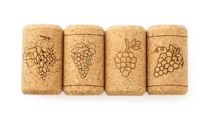 Image of Wine corks with grape images on white background, top view