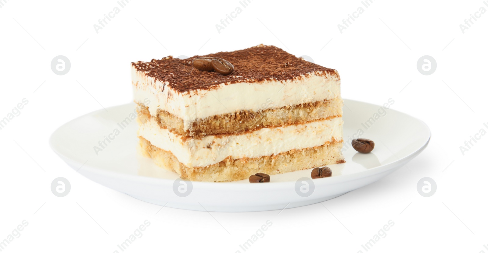 Photo of Plate of tiramisu cake isolated on white