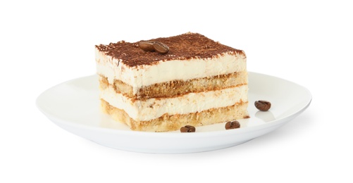 Photo of Plate of tiramisu cake isolated on white