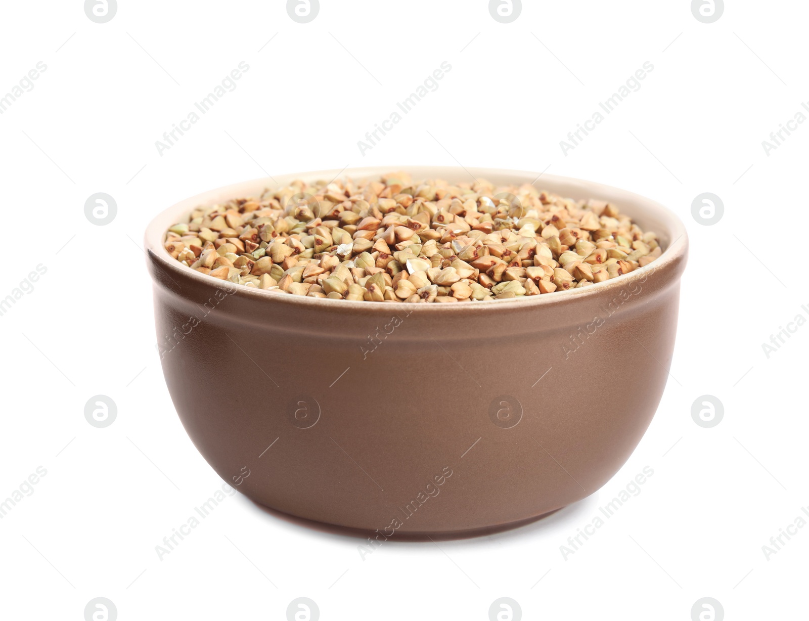 Photo of Green buckwheat in bowl isolated on white