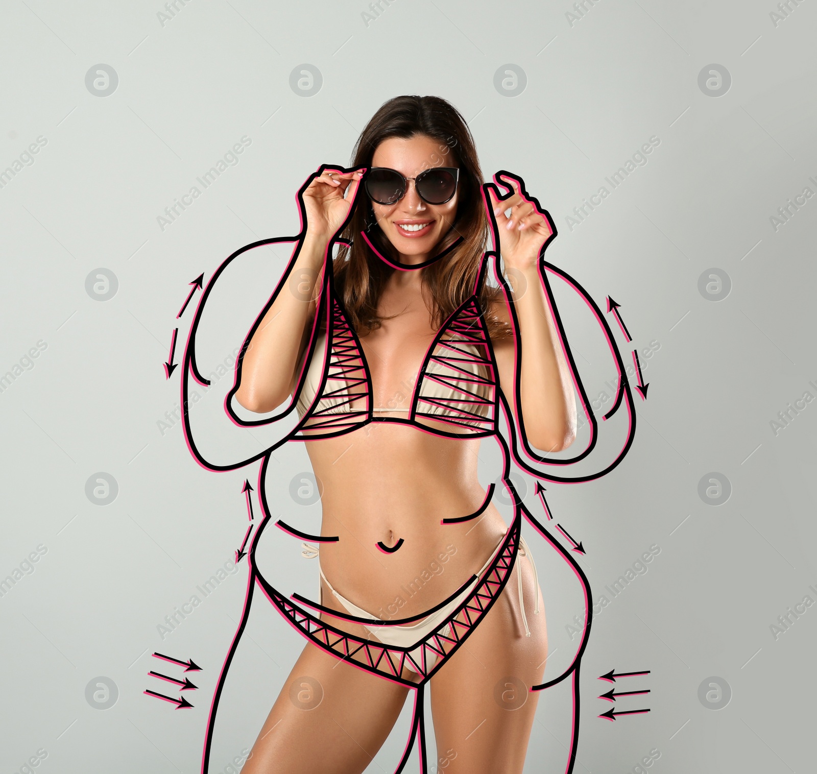 Image of Beautiful slim woman after weight loss on light grey background 