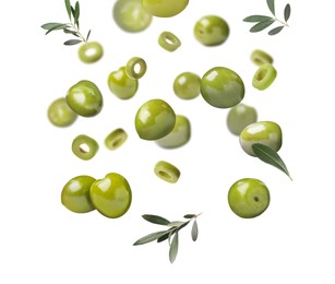 Image of Fresh olives and leaves falling on white background