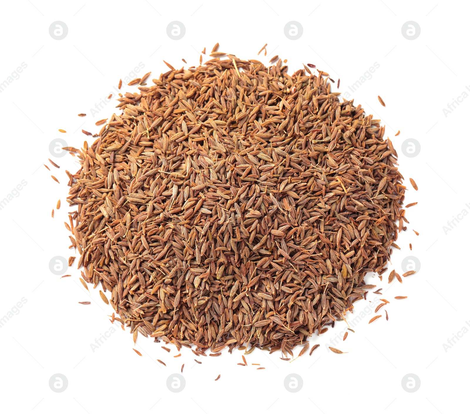 Photo of Heap of aromatic caraway (Persian cumin) seeds isolated on white, top view