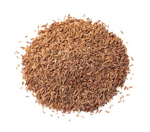 Photo of Heap of aromatic caraway (Persian cumin) seeds isolated on white, top view