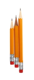Photo of Short graphite pencils on white background. School stationery
