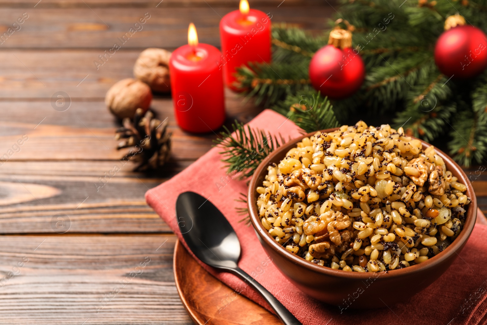 Photo of Traditional Christmas slavic dish kutia served on wooden table. Space for text