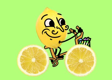 Image of Creative artwork. Happy lemon riding bike made of citrus slices. Fruit with drawings on light green background