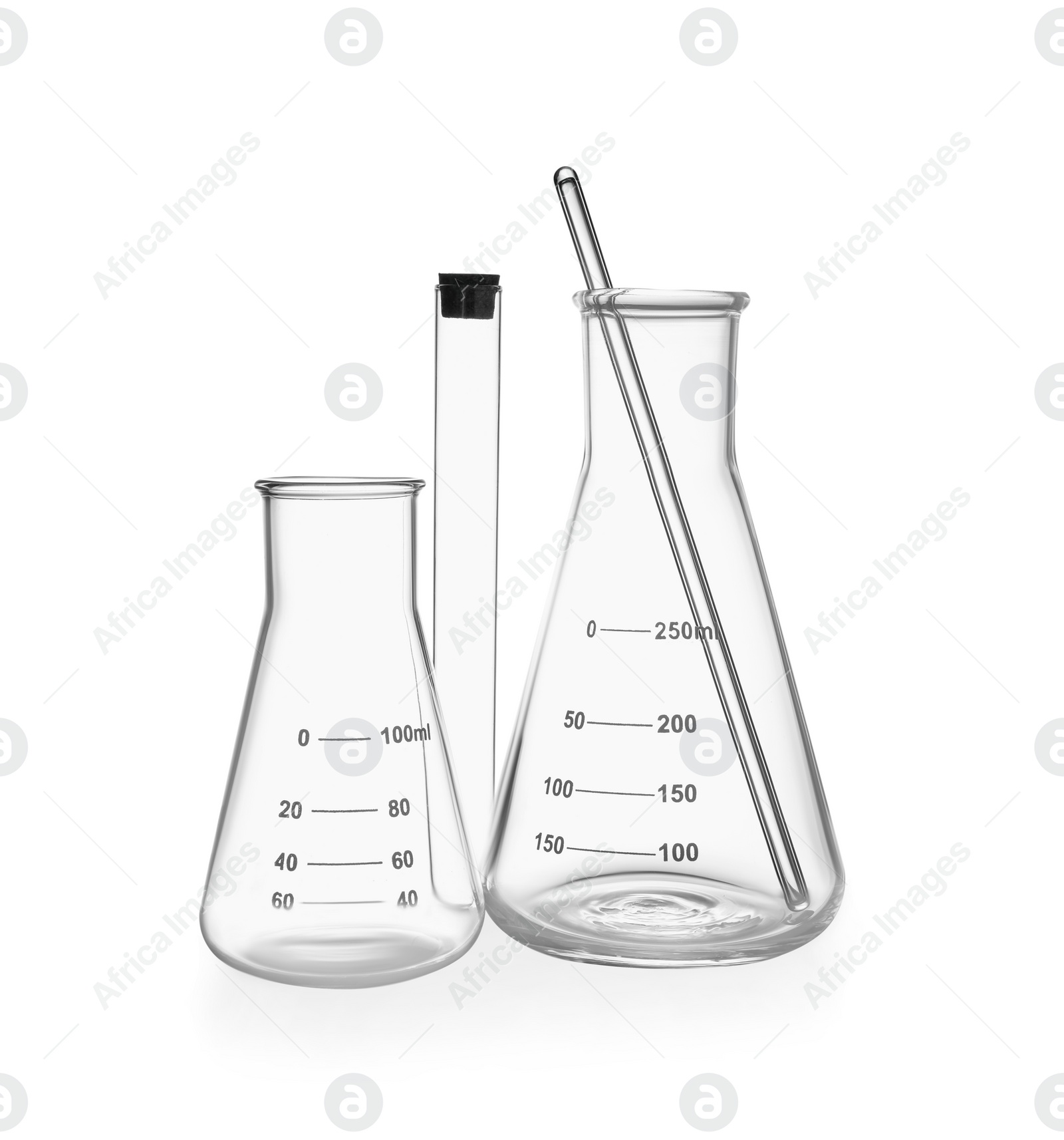 Image of Empty flasks, test tube and stirring rod isolated on white