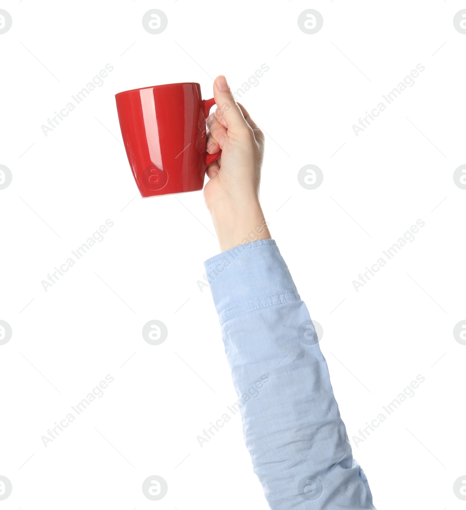 Photo of Woman holding cup on white background, closeup