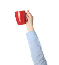 Photo of Woman holding cup on white background, closeup