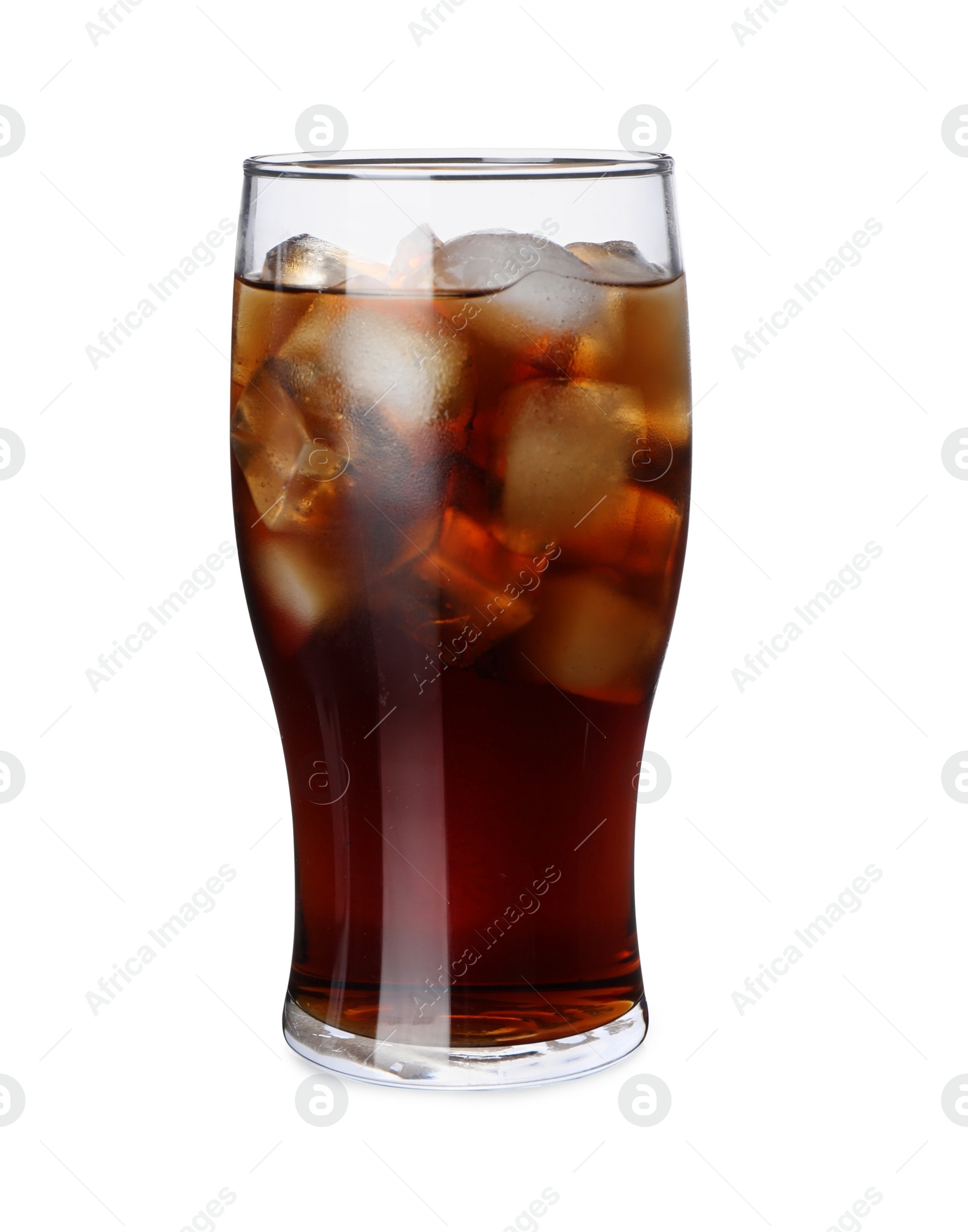 Photo of Glass of refreshing beverage with ice isolated on white