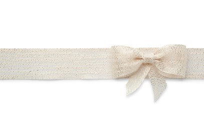 Burlap ribbon and bow with silver thread on white background, top view