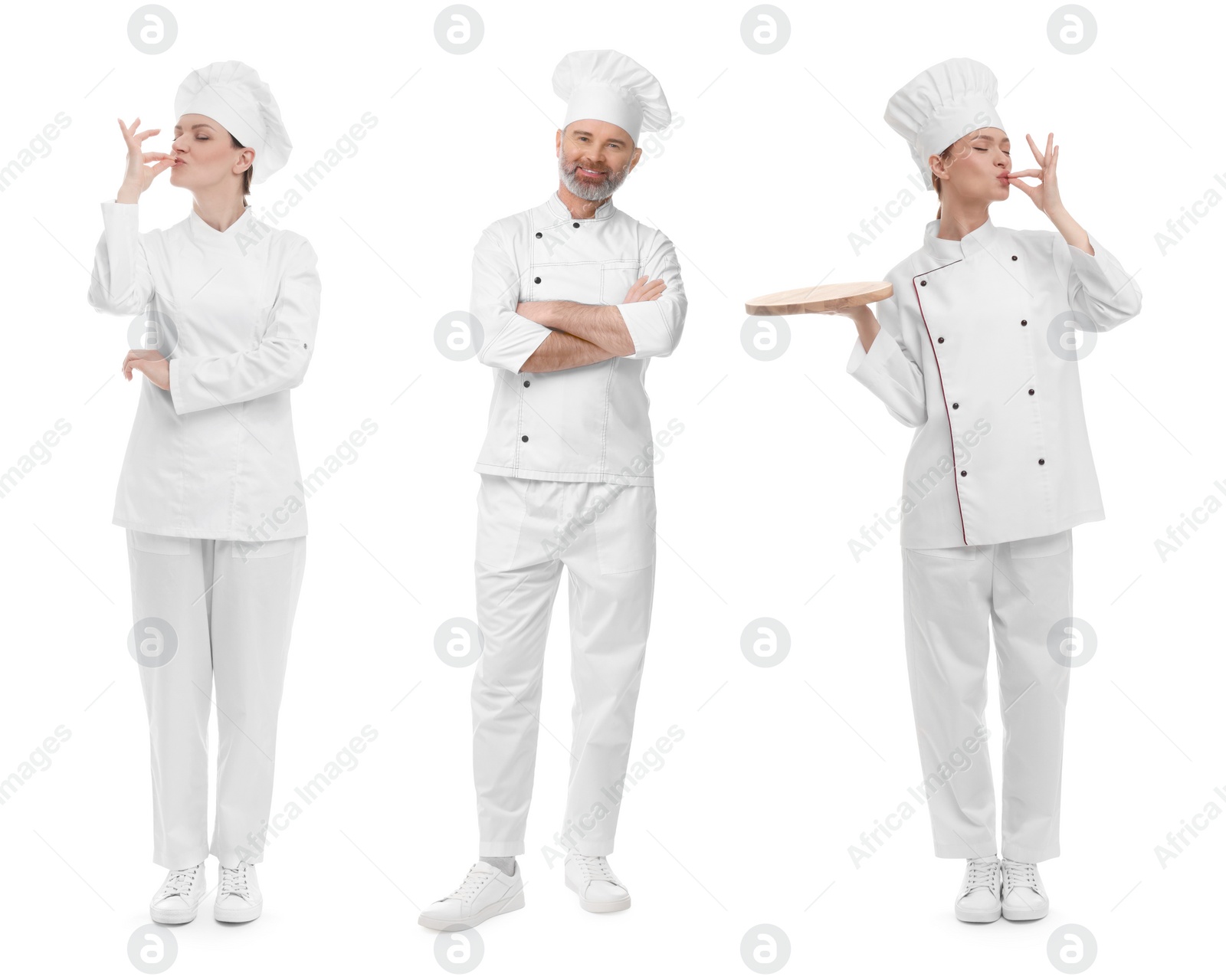 Image of Chefs in uniforms on white background, set with photos