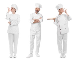 Chefs in uniforms on white background, set with photos