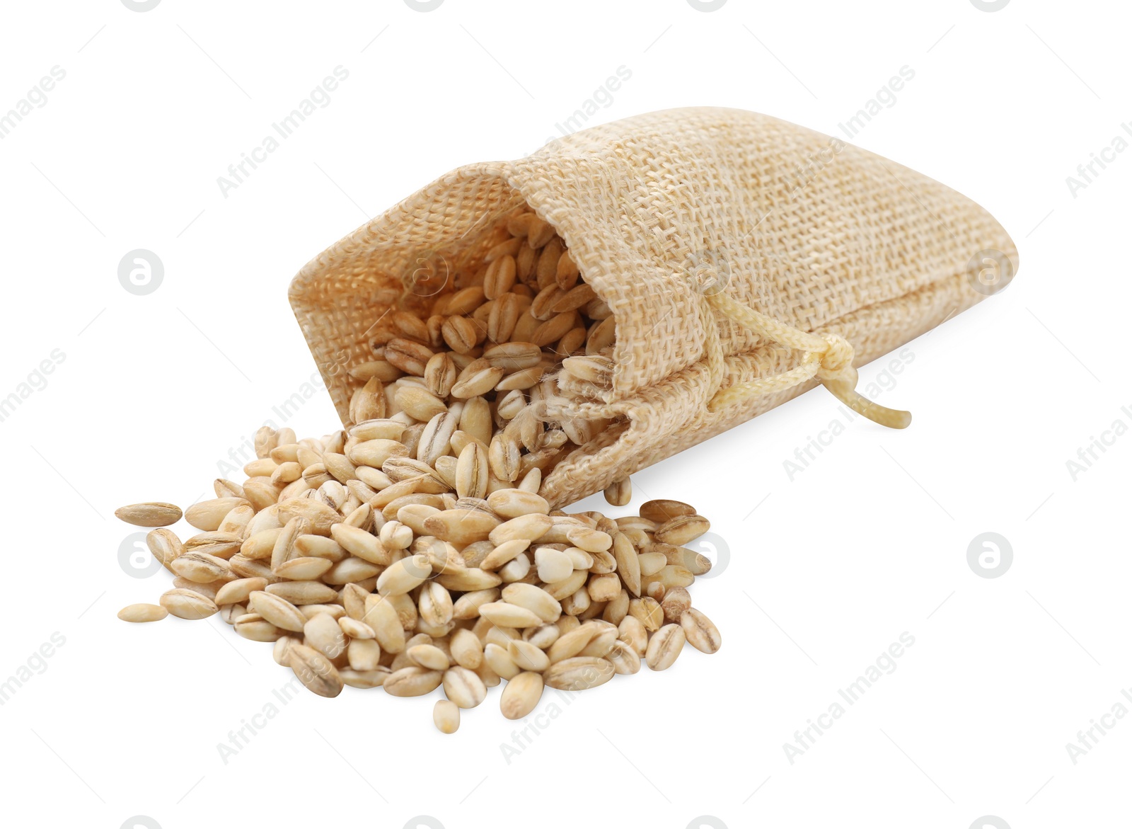 Photo of Burlap bag with raw pearl barley isolated on white