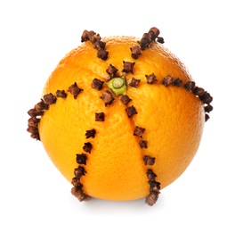 Pomander ball made of fresh orange and cloves isolated on white