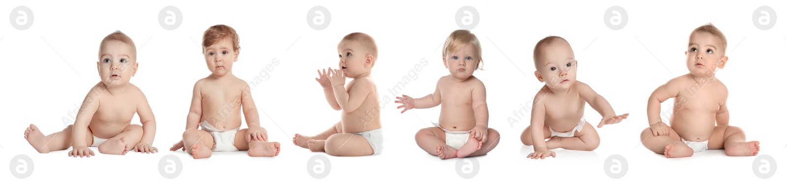 Image of Cute little babies on white background, collage. Banner design 