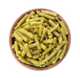 Canned green beans in bowl isolated on white, top view