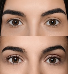 Image of Collage with photos of woman before and after eyelash lamination procedure, closeup