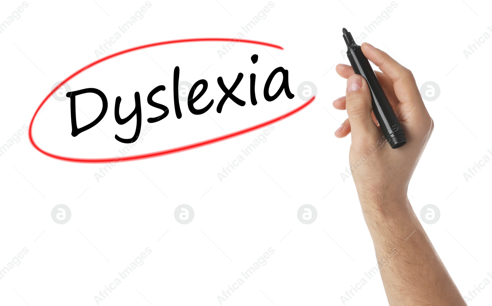 Image of Man writing word Dyslexia on white background, closeup