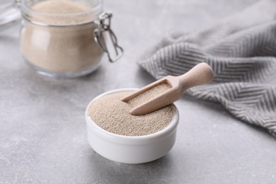 Bowl and scoop with active dry yeast on light grey table