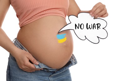 Pregnant woman with Ukrainian flag painted on her belly and speech bubble against white background, closeup. Future generation against war