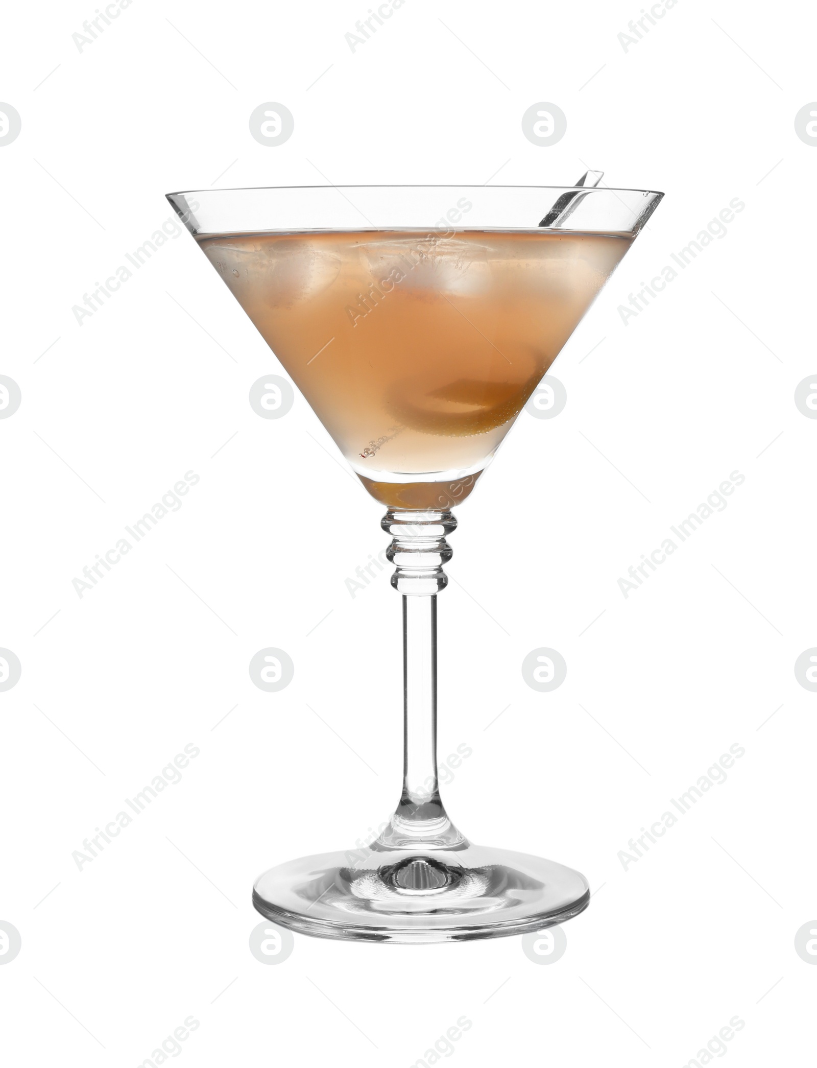 Photo of Glass of martini cocktail with ice cubes and lemon zest on white background