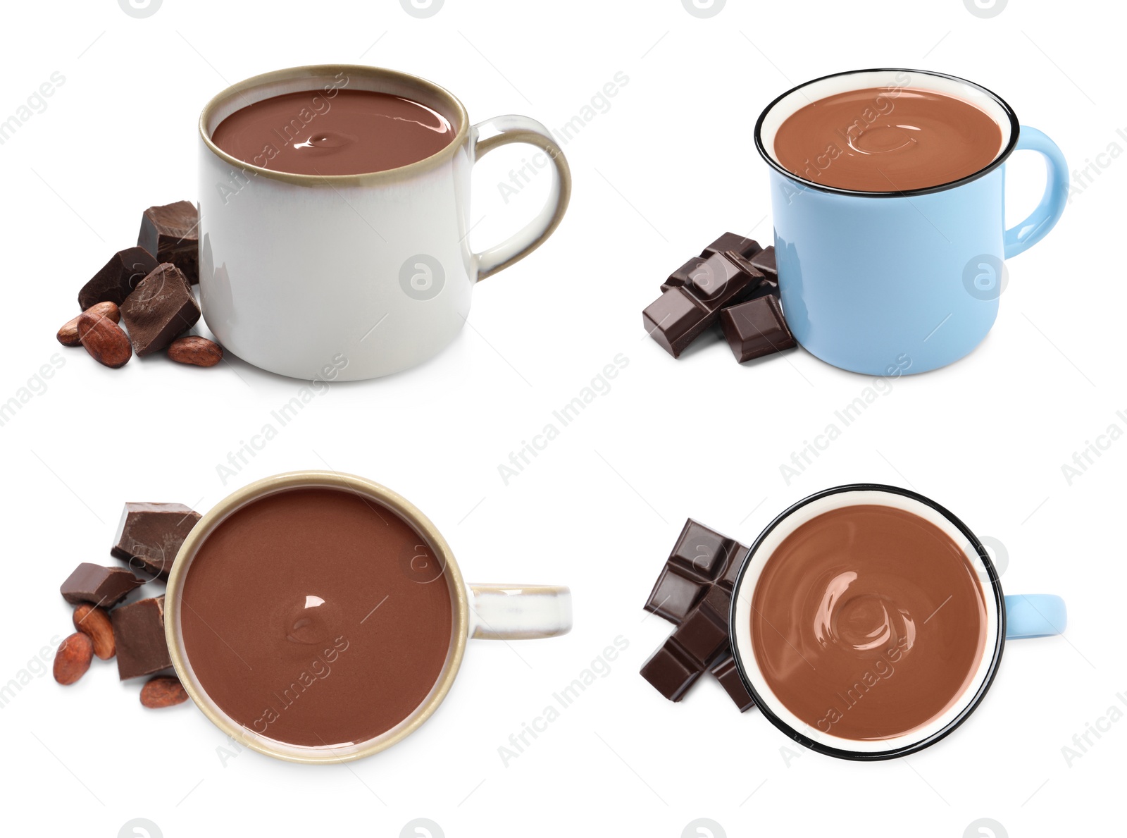 Image of Delicious hot chocolate in cups isolated on white, top and side views