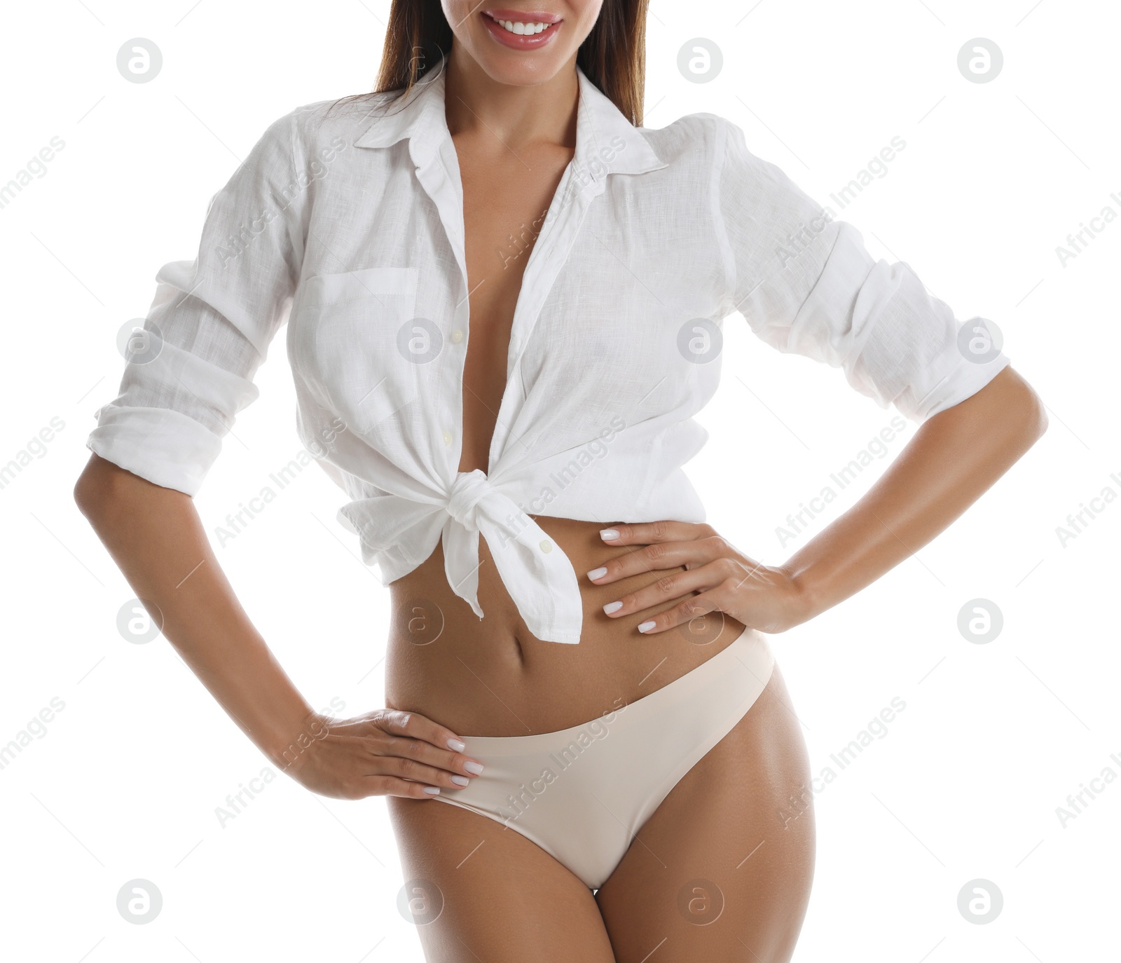 Photo of Woman in panties and shirt on white background, closeup