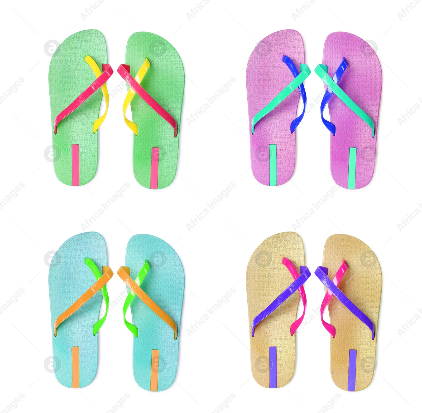 Image of Set with different colorful flip flops on white background, top view