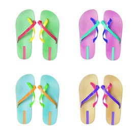 Image of Set with different colorful flip flops on white background, top view