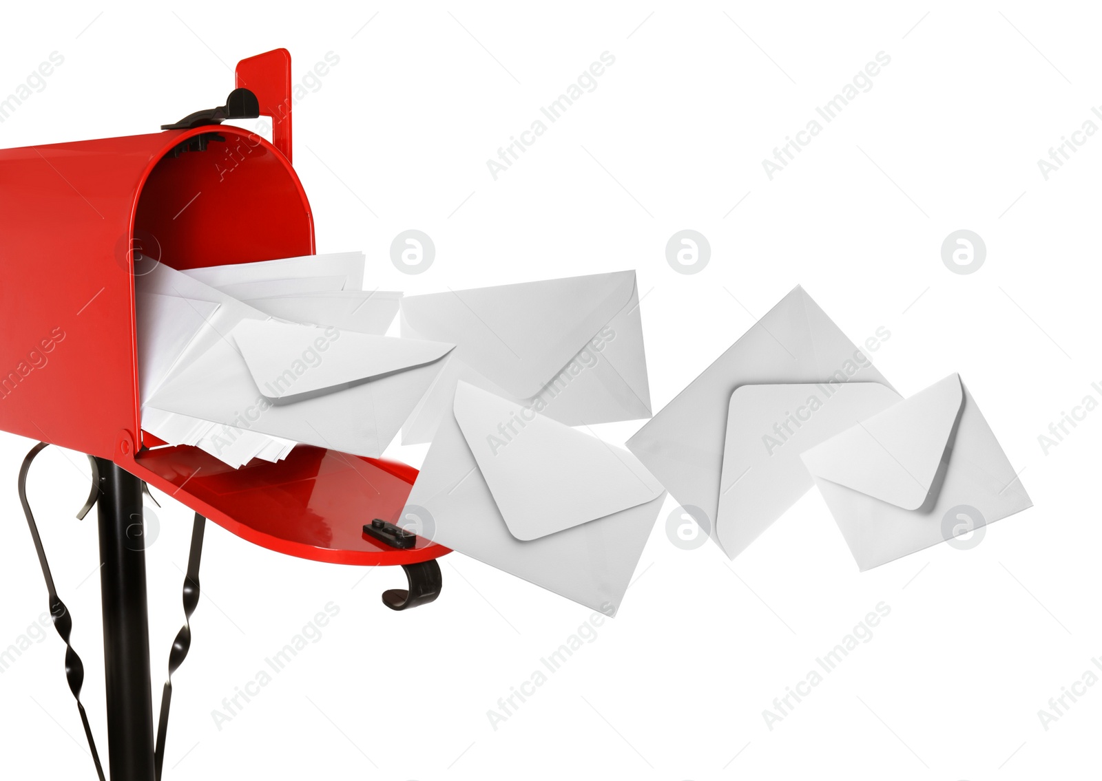 Image of Envelopes flying out from red letter box on white background