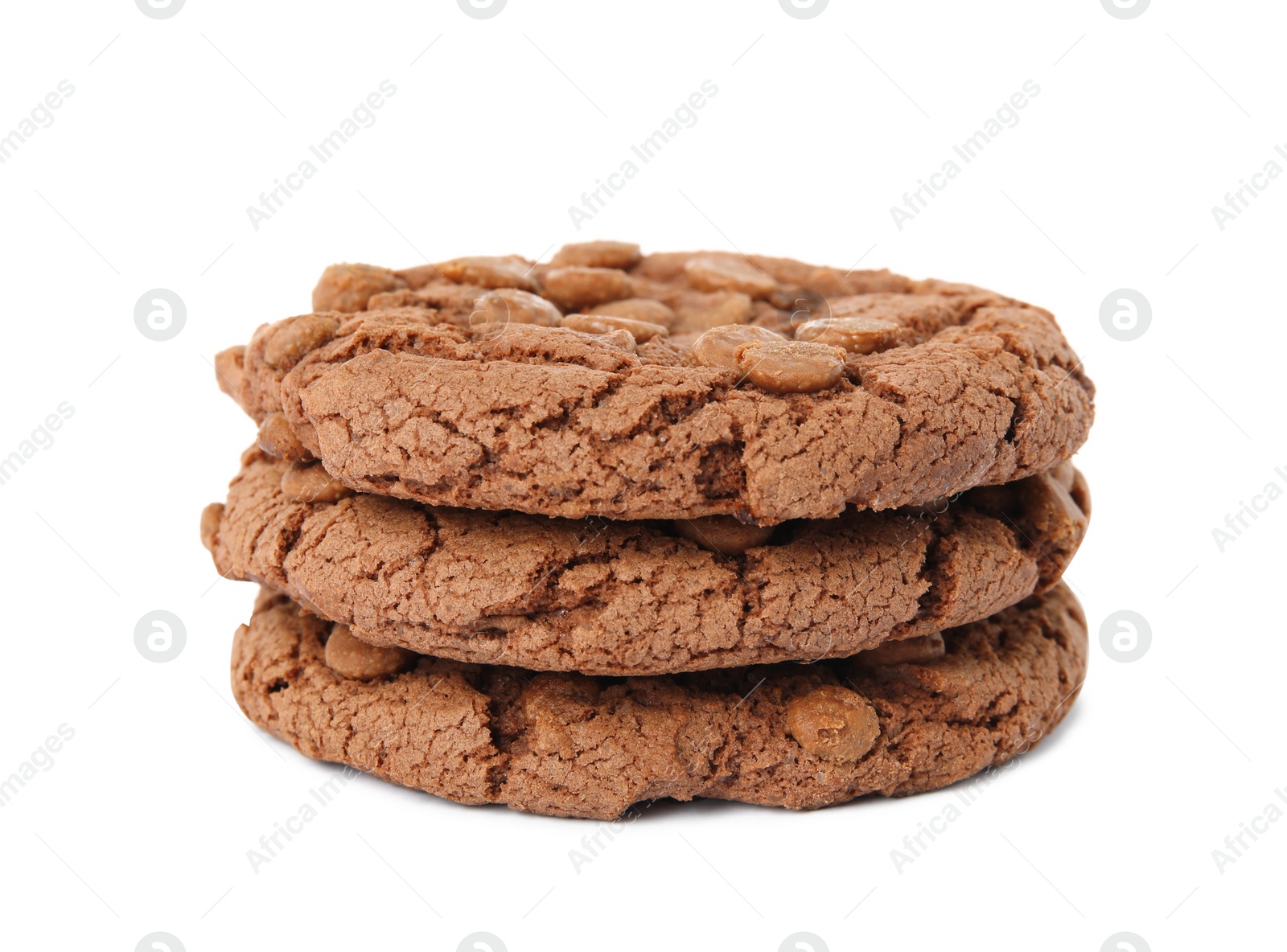 Photo of Stack of delicious chocolate chip cookies on white background