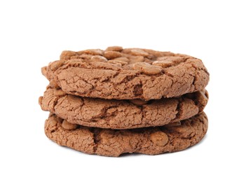 Photo of Stack of delicious chocolate chip cookies on white background