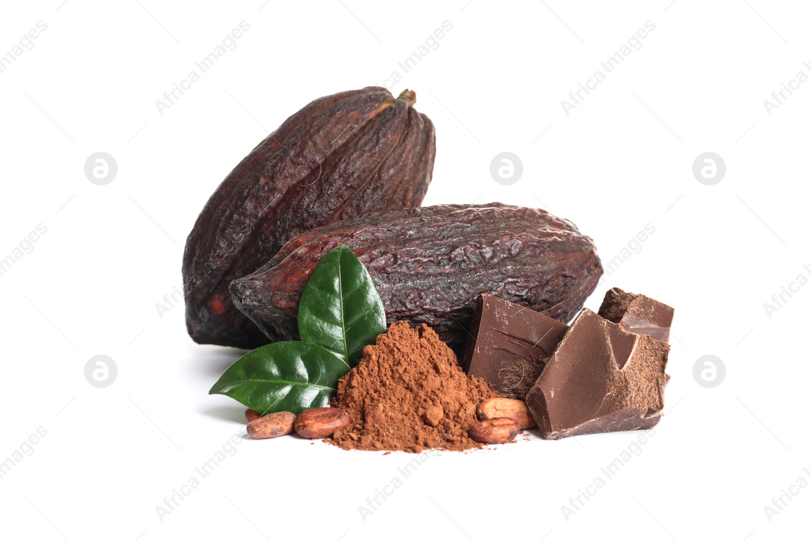 Photo of Composition with cocoa products on white background