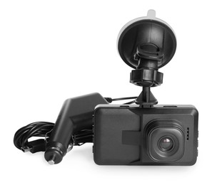 Photo of Modern car dashboard camera with suction mount and charger on white background