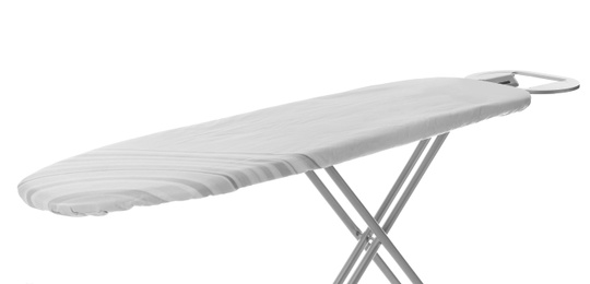 Photo of Modern empty ironing board on white background