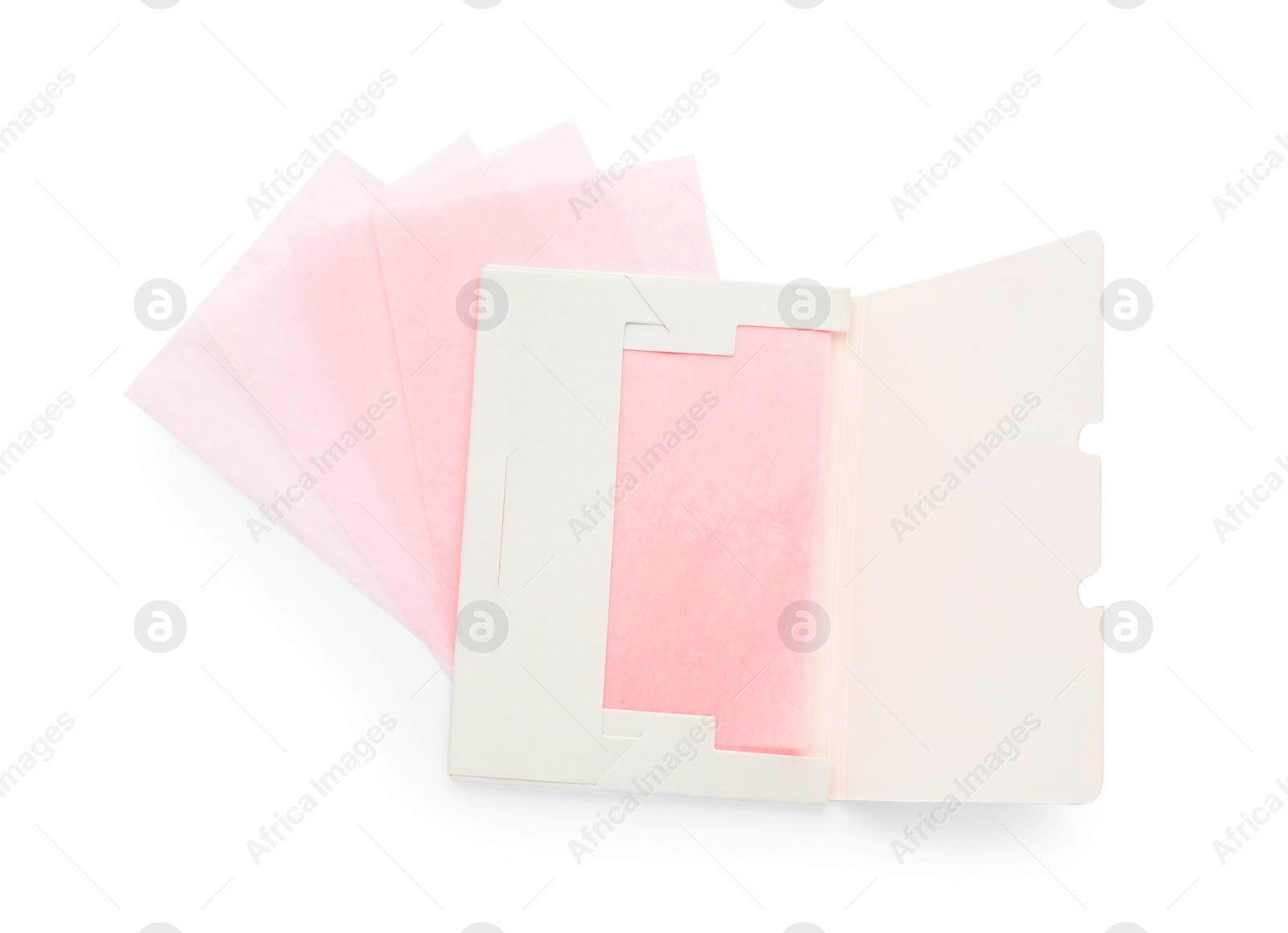 Photo of Package with facial oil blotting tissues on white background, top view. Mattifying wipes