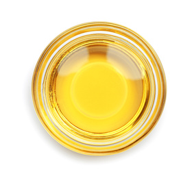 Photo of Cooking oil in glass bowl isolated on white, top view