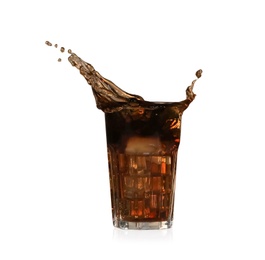 Cola splashing out of glass on light background